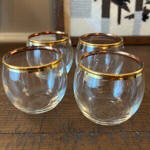 Four Mini MCM Gold Rimmed Cordial Roly Poly Glasses